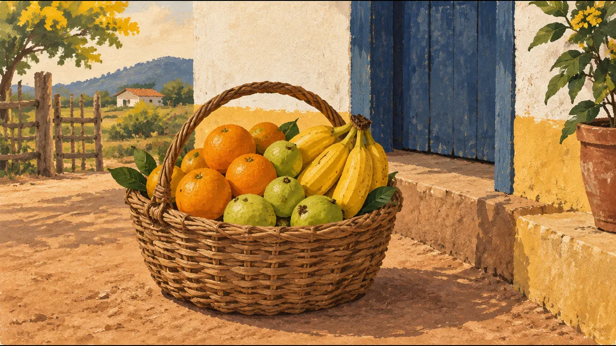 Ilustração de cesta de vime com frutas na porta de uma casa simples do interior