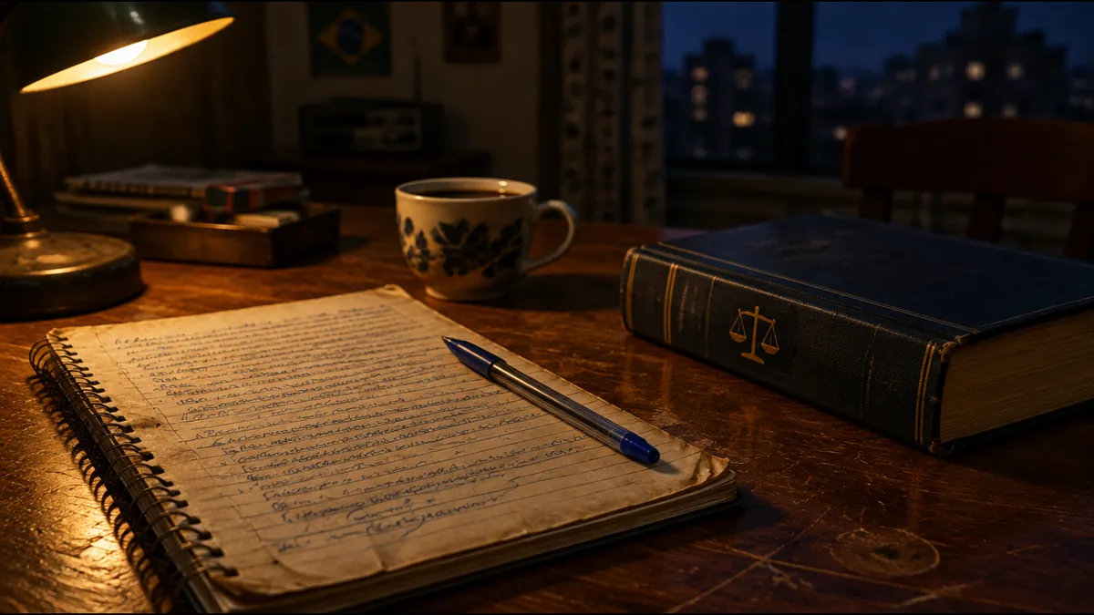 Caderno antigo, caneta e livro de Direito sobre mesa de madeira à noite