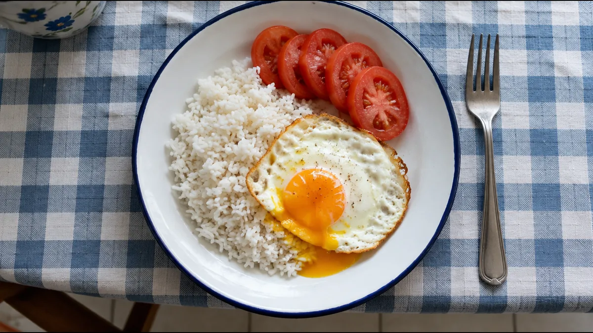 Prato de arroz branco, ovo frito de gema mole e tomate sobre toalha xadrez