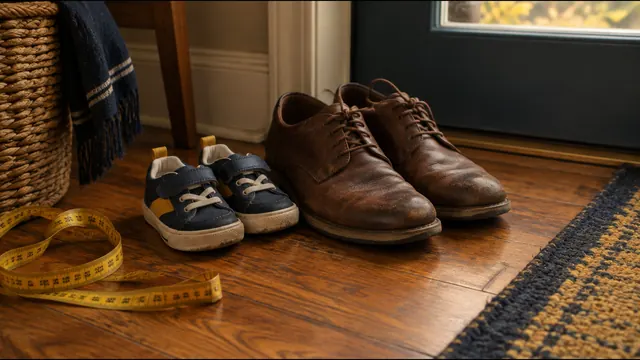 Tênis de criança ao lado de sapatos de couro gastos na porta de casa, com fita métrica de alfaiate