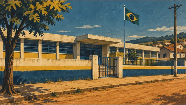 Ilustração de fachada de colégio técnico estadual dos anos 70 com bandeira do Brasil
