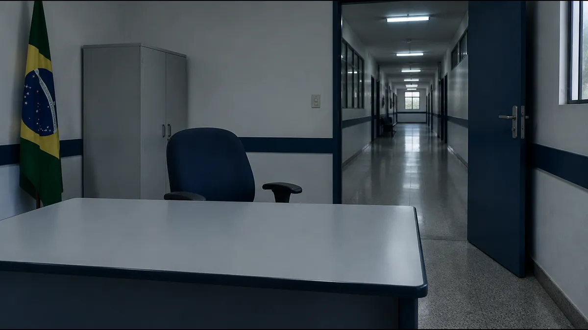 Mesa de repartição vazia, cadeira afastada e corredor institucional ao fundo