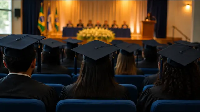 Formatura em auditório vista de trás, sem rostos identificáveis