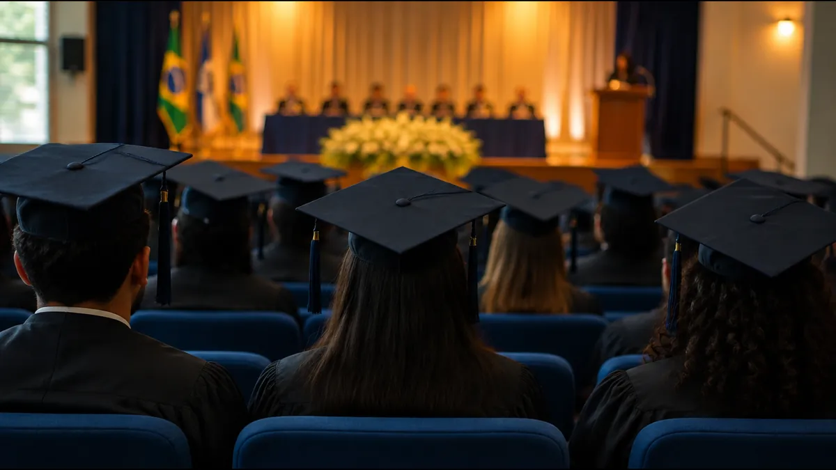 Formatura em auditório vista de trás, sem rostos identificáveis