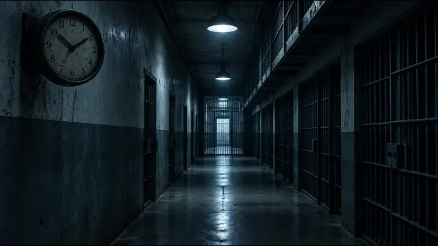 Relógio antigo na parede de corredor prisional vazio e escuro