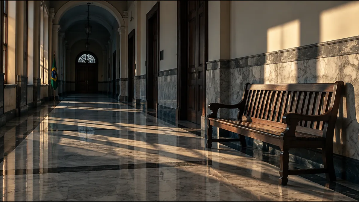 Banco de madeira vazio em corredor de fórum com luz da tarde