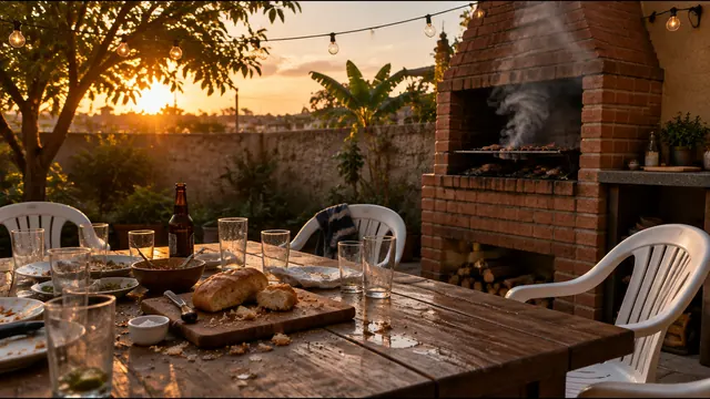 Mesa de churrasco no quintal depois da festa, cadeiras vazias e churrasqueira
