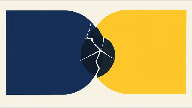 Ilustração abstrata de dois blocos, azul e amarelo, se chocando