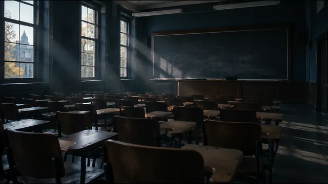 Sala de aula universitária vazia com luz entrando pela janela