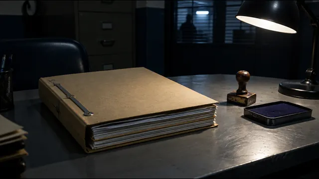 Pasta de inquérito fechada sobre mesa de delegacia, com carimbo e almofada