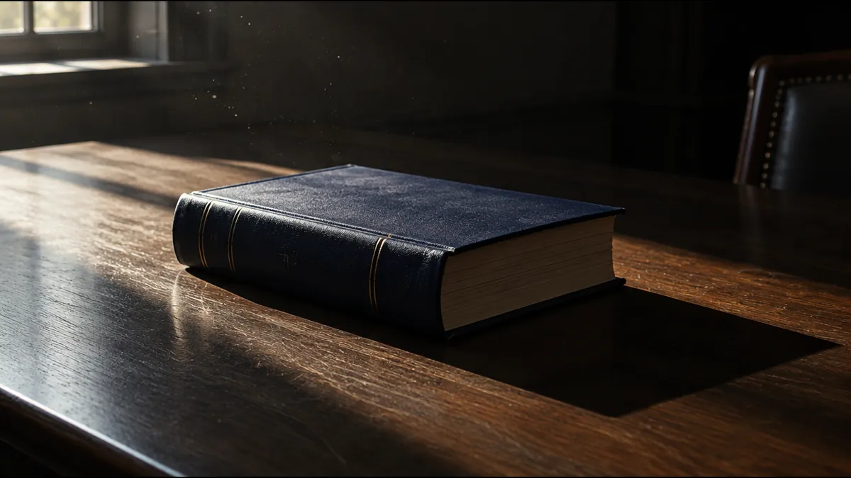 Livro de leis fechado sobre mesa vazia, com luz lateral