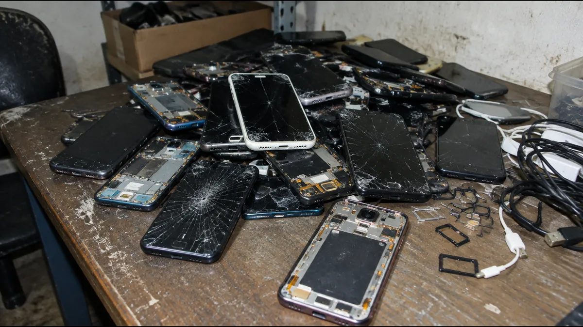 Pilha de celulares com telas quebradas sobre mesa riscada