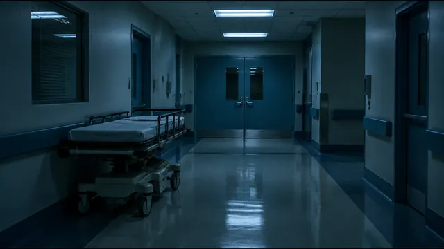 Corredor de hospital vazio à noite, com maca encostada