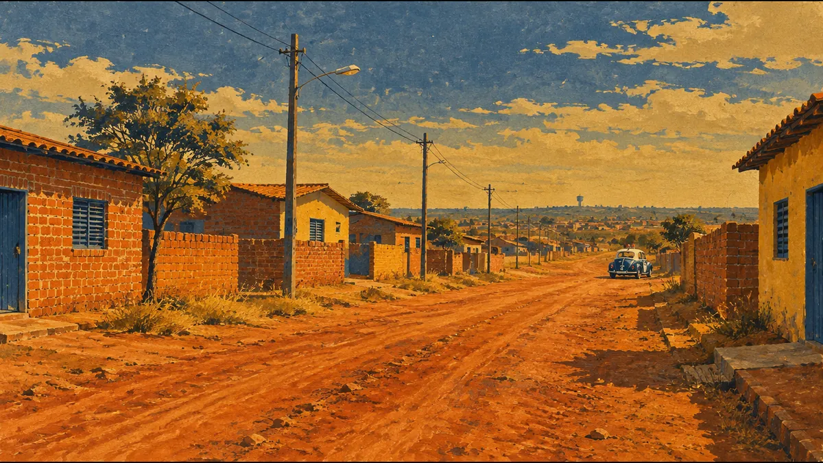 Ilustração de rua de terra vermelha de cidade-satélite nos anos 80