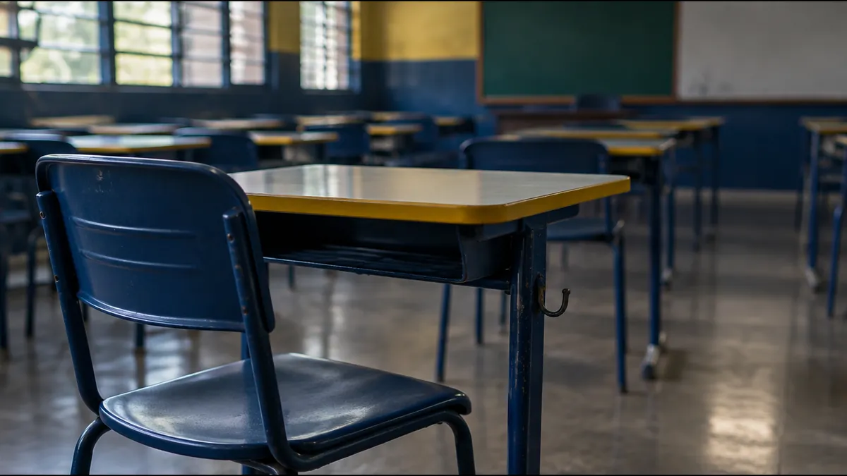 Carteira escolar vazia em sala de aula de escola pública