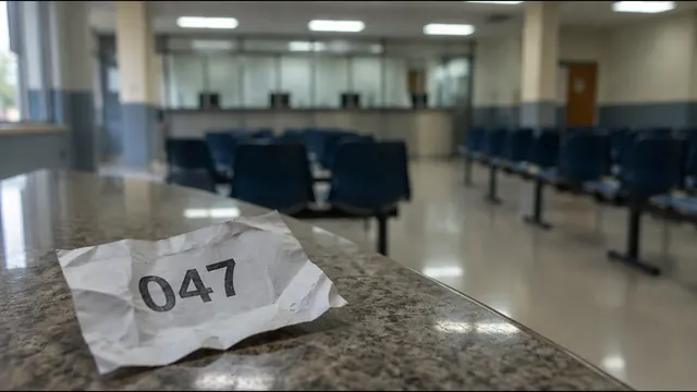 Senha de atendimento amassada sobre balcão, sala de espera ao fundo