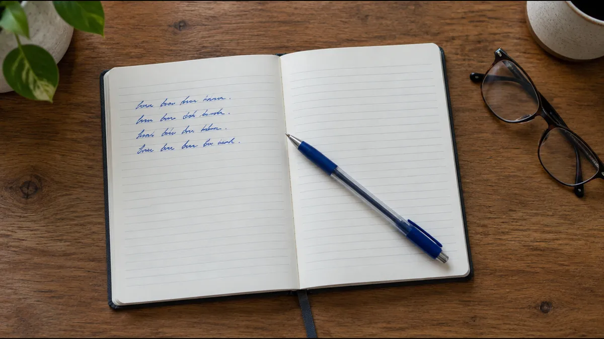 Caderno aberto com quatro linhas escritas à mão, caneta e óculos