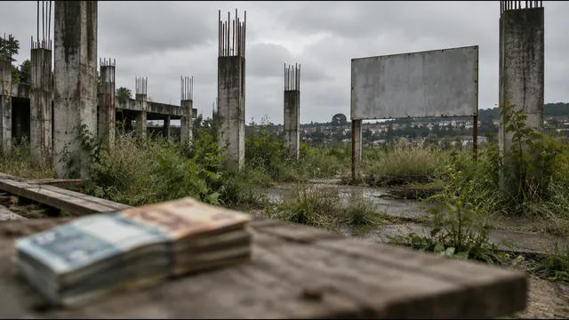 Obra pública abandonada e maço de dinheiro desfocado em primeiro plano
